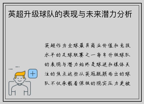 英超升级球队的表现与未来潜力分析